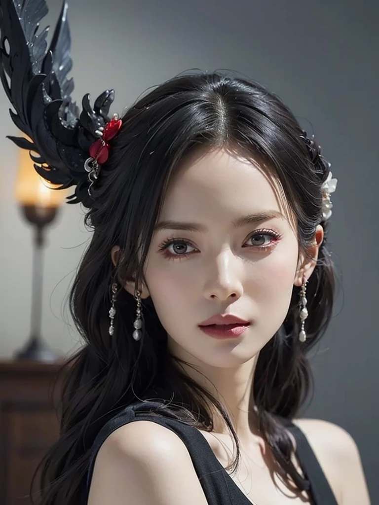 Beautiful woman with red eyes、Take a graceful photo with a giant black dragon, arpino,Gray Hair,Face to face, Ultra-realistic, Clear images, (Highest quality,4K,8k,Highs:-,Master Parts:1.2),Very detailed,(Realistic,Realistic,Realistic:1.37),sexy,hide, Warrior,Decorative armor,Fighting the Dragon,night,Burning Forest,Vibrant colors,Portraiture,Sharp focus,Beautiful and detailed,Beautiful lip detail,Very detailed目と顔,Long eyelashes,Bright sword light,Spooky atmosphere,Burning Destruction,Brave pose,Exquisite detail,Majestic,strength and power、An attractive 19-year-old woman、Wearing gorgeous hair accessories