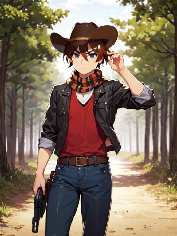 (Ultra-high resolution), (masterpiece), (Attention to detail), (high quality), (最high quality), One Man, (Keiichi_Maehara), Brown Hair, blue eyes, Western Cowboy, (Cowboy hat), leather jacket, scarf, Denim pants, boots, belt, holster, revolver, Showdown scene in the wilderness, Cowboy standing in the dust, The moment he was about to pull out his gun, Dust in the wind