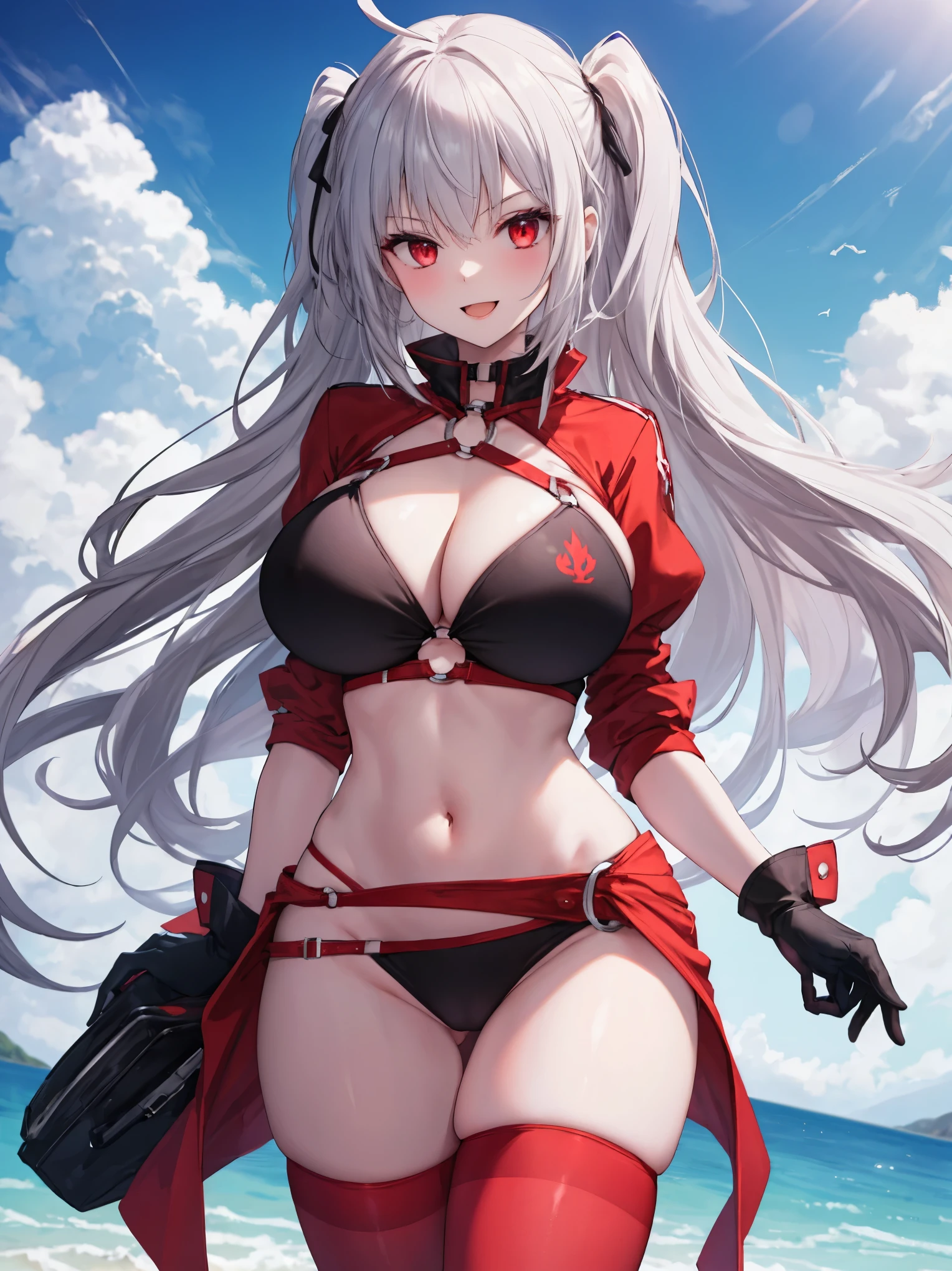 masterpiece, best quality, 1girl, , silver hair, ahoge, red eyes, shaggy_long_hair,, gigantic_breasts, , blue sky_beach_landscape,covered_groin,covered_nipples,solo,young_,,open_legs,,crotch_armor,cowboy_shot,crotch, asymmetrical legwear, long hair, bikini, black bikini, black gloves, gloves, long sleeves, navel, o-ring, o-ring bikini, o-ring bottom, o-ring top, puffy long sleeves, puffy sleeves, red legwear, single thighhigh, swimsuit, thigh strap, thighhighs, uneven legwear,smile,nihil,open_mouth,angry,glare