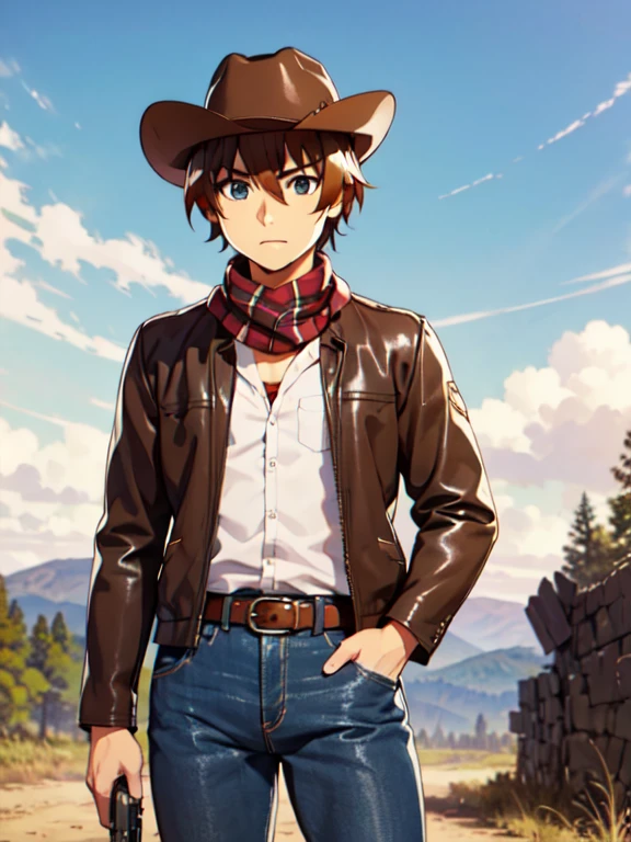 (Ultra-high resolution), (masterpiece), (Attention to detail), (high quality), (最high quality), One Man, (Keiichi_Maehara), Brown Hair, blue eyes, Western Cowboy, (Cowboy hat), leather jacket, scarf, Denim pants, boots, belt, holster, revolver, Showdown scene in the wilderness, Cowboy standing in the dust, The moment he was about to pull out his gun, Dust in the wind