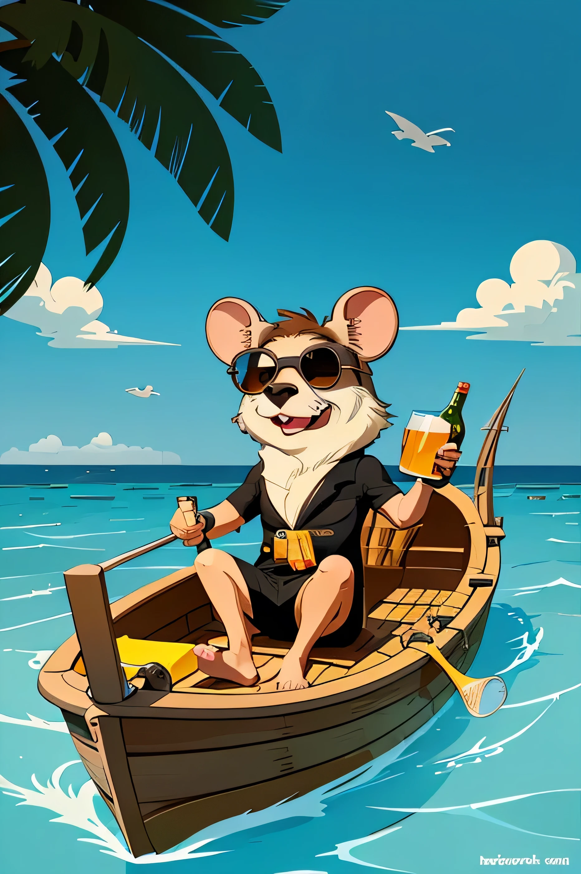 Highlights Rat fun with sun glass have a alchohol beer in right arm and he is in the boat and island , clothes and shade on her eye ,the style of this design is cartoon or vector art
