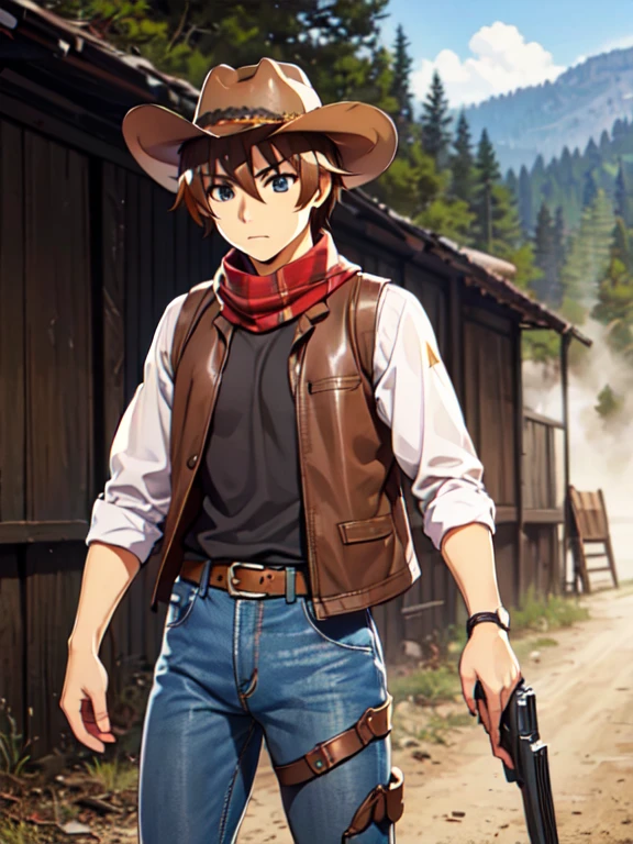 (Ultra-high resolution), (masterpiece), (Attention to detail), (high quality), (最high quality), One Man, (Keiichi_Maehara), Brown Hair, blue eyes, Western Cowboy, (Cowboy hat), leather jacket, scarf, Denim pants, boots, belt, holster, revolver, Showdown scene in the wilderness, Cowboy standing in the dust, The moment he was about to pull out his gun, Dust in the wind