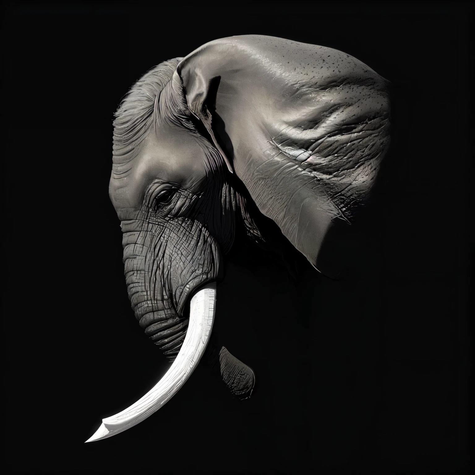 arafed elephant with tusks and tusks standing in front of a black background, half elephant, elephant head, a photo of an elephant, elephant, an elephant, digital art animal photo, focus on the elephant, very sharp and detailed photo, by Dean Ellis, by Leo Leuppi, tusks, by Roberto Parada, black and white artwork