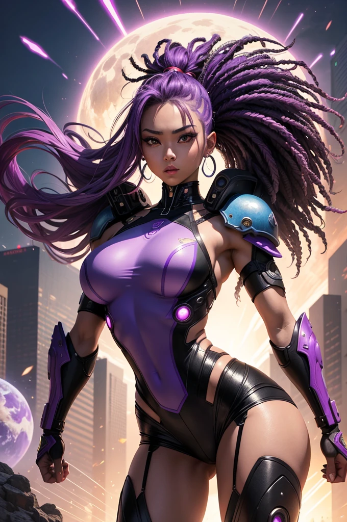 A beautiful, exuberant and very young cybernetic android warrior with black African and oriental Japanese and Chinese features, mixed with the clone of the Greek warrior goddess Athena, with super mega giant breasts, purple eyes, transformed into a super sensual and extremely muscular astronaut, fitness, fit bodybuilder and weightlifter, wearing very short, super radical punk style hair that is purple and very straight in locks, wearing cyberpunk battle clothes, Fighting a big alien monster on a mysterious planet