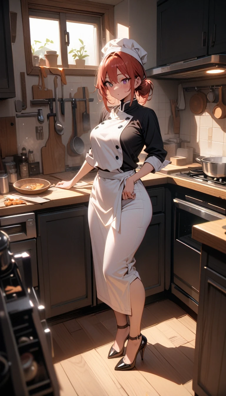 ((best quality)) , ((masterpiece)) , (detailed)，1 female，Very messy kitchen，Female chef，High heel，((whole body))