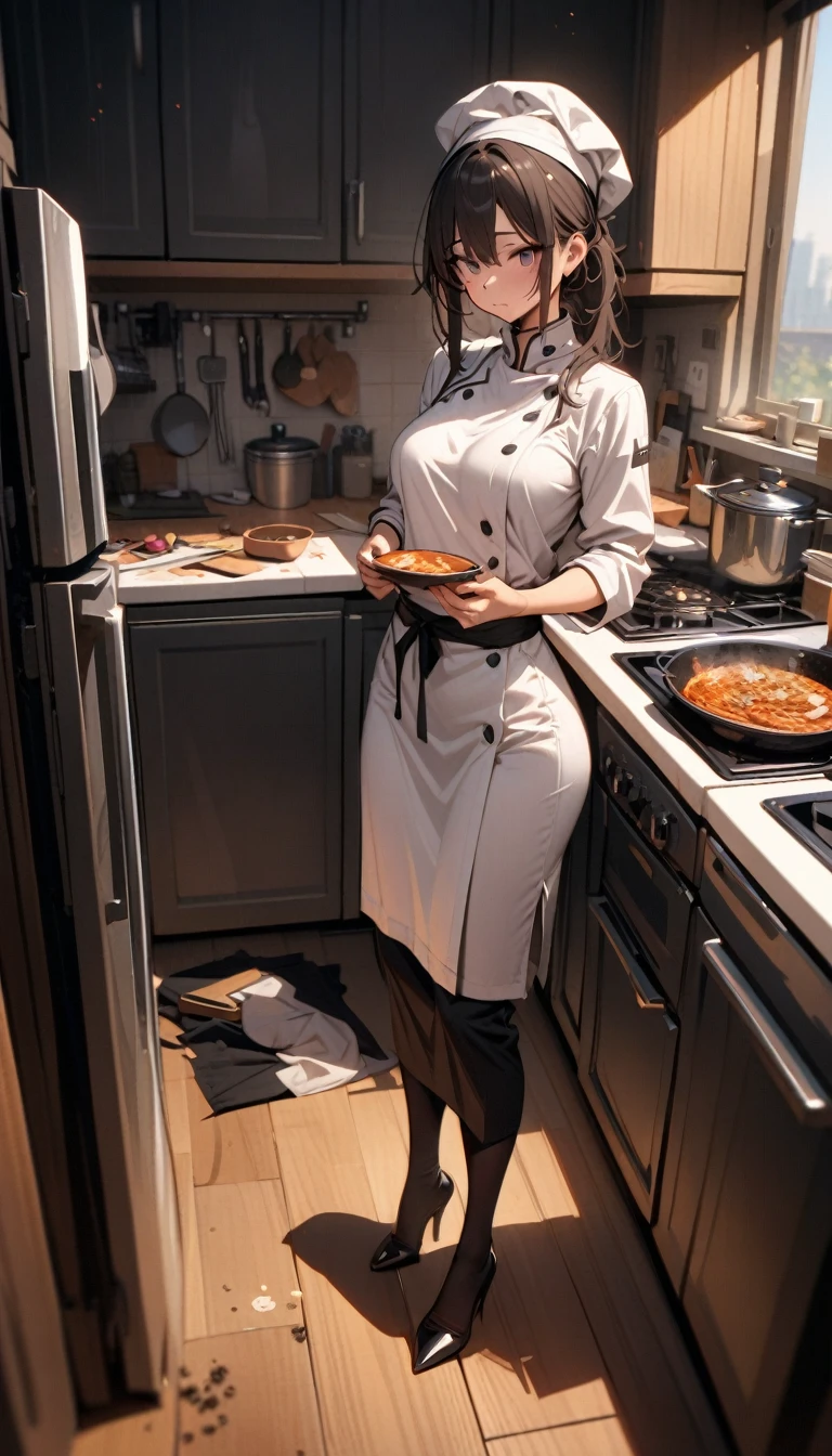 ((best quality)) , ((masterpiece)) , (detailed)，1 female，Very messy kitchen，Female chef，High heel，((whole body))