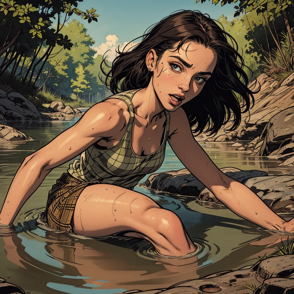 vector image, close-up, anime, junior girl, gloomy orgasm, crop-top, drowned in quicksand bog,red,denim shorts, stockings, green