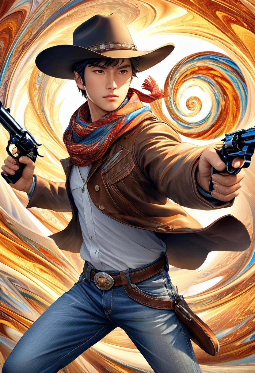 
            ( 正確perfect  )A boy wearing jeans and a cowboy hat carries a scarf, Close-up high dynamic range of very handsome man holding pistol and aiming forward dynamically 

                ( perfect  ) Aim ahead，shine brightly ( perfect  ) Handsome western cowboy shiny spinning high dynamic swirl around man,

                              Swirling dynamics dissolve into perfect compositions, intricate details and meticulous digital art.
