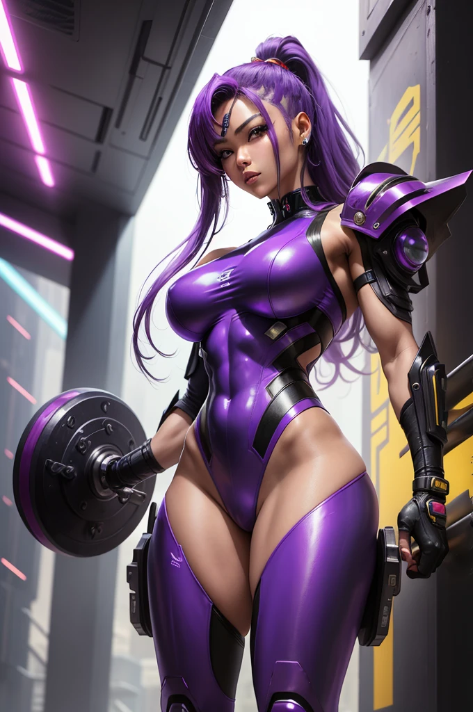A beautiful, exuberant and very young cybernetic android warrior with black African and oriental Japanese and Chinese features, mixed with the clone of the Greek warrior goddess Athena, with super mega giant breasts, purple eyes, transformed into a super sensual and extremely muscular astronaut, fitness, fit bodybuilder and weightlifter, wearing very short, super radical punk style hair that is purple and very straight in locks, wearing sexy cyberpunk battle outfits, Fighting a big alien monster on a mysterious planet