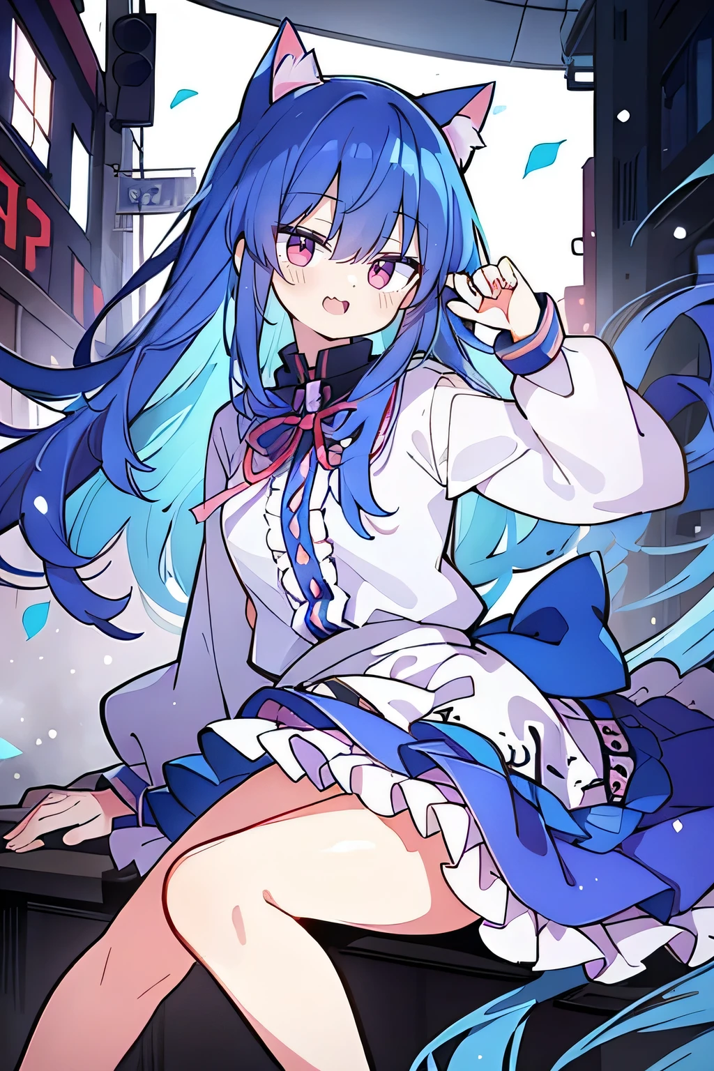 (masterpiece:1.2),Super detailed,lifelike,Expressive eyes,fair skin,perfect face shape,1 girl,
Japanese comics,Gorgeous blue hair,flowing blue hair,flowing clothes,Cat ears,Petals fall,beautiful lola,Baby Angel,
Shaking head with one hand,Cross your legs,smile, wearing hoodie,snowing,City streets。
