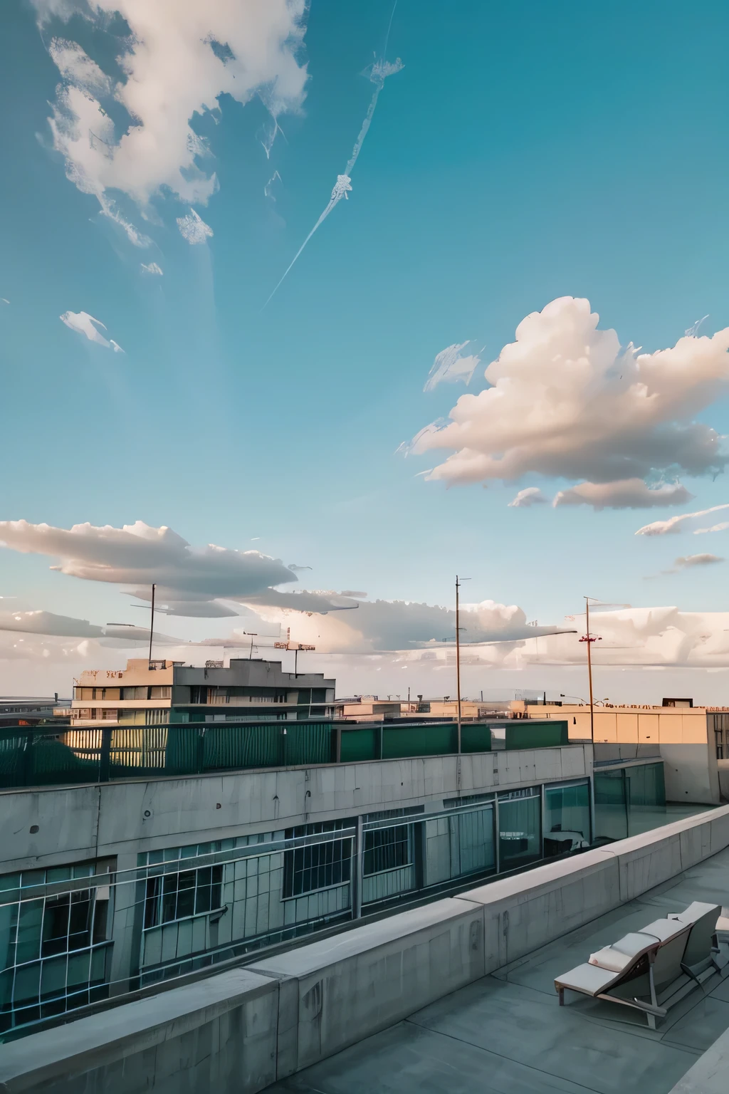 The rooftop terrace is flat and surrounded by green wire fences. You can see the clear summer sky with clouds. Looking up at the sky from the roof. Concrete building