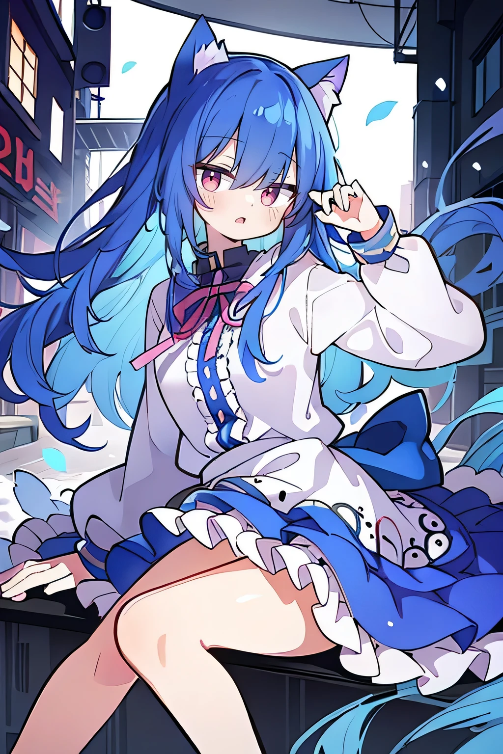 (masterpiece:1.2),Super detailed,lifelike,Expressive eyes,fair skin,perfect face shape,1 girl,
Japanese comics,Gorgeous blue hair,flowing blue hair,flowing clothes,Cat ears,Petals fall,beautiful lola,Baby Angel,
Shaking head with one hand,Cross your legs,smile, wearing hoodie,snowing,City streets。