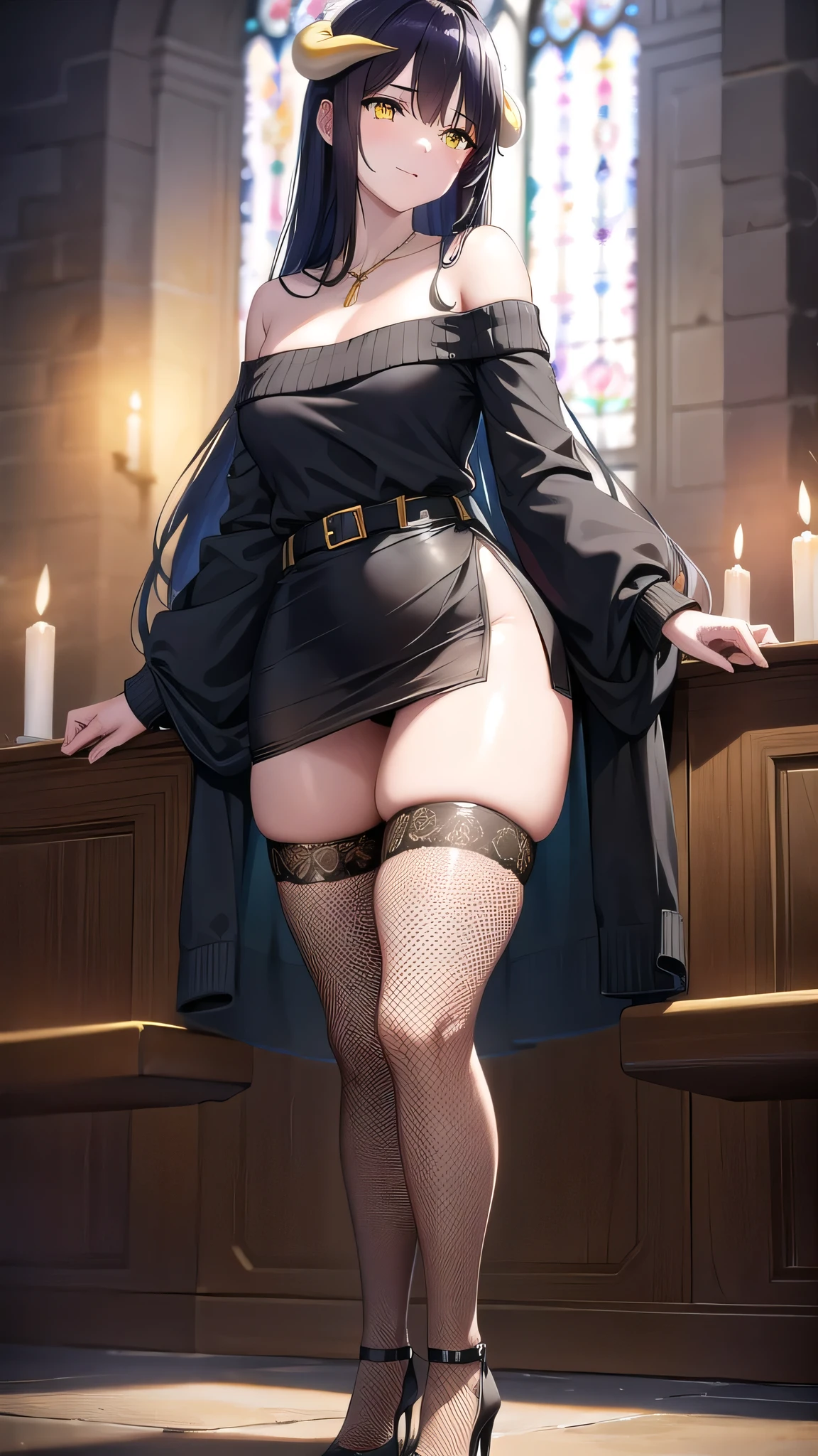 BREAK looking at viewer, BREAK (masterpiece:1.2), best quality, high resolution, unity 8k wallpaper, (illustration:0.8), (beautiful detailed eyes:1.6), extremely detailed face, perfect lighting, extremely detailed CG, (perfect hands, perfect anatomy),church,benches,icons,candles,crosses,night,dark atmosphere,low light,albedo, ahoge, black hair, horns, long hair, (yellow eyes:1.5),skinny fit,
bare shoulders, belt, black wings, collarbone, dress, feathered wings, frills, long sleeves,necklace, off shoulder, off-shoulder sweater, sweater, sweater dress, thigh strap, white sweater, wings, wrist ribbon, thighs,maniac smile,stockings,medium breast,full body,high heels,standing in middle of church,from below,long legs,fishnet,fishnet stockings,from below.