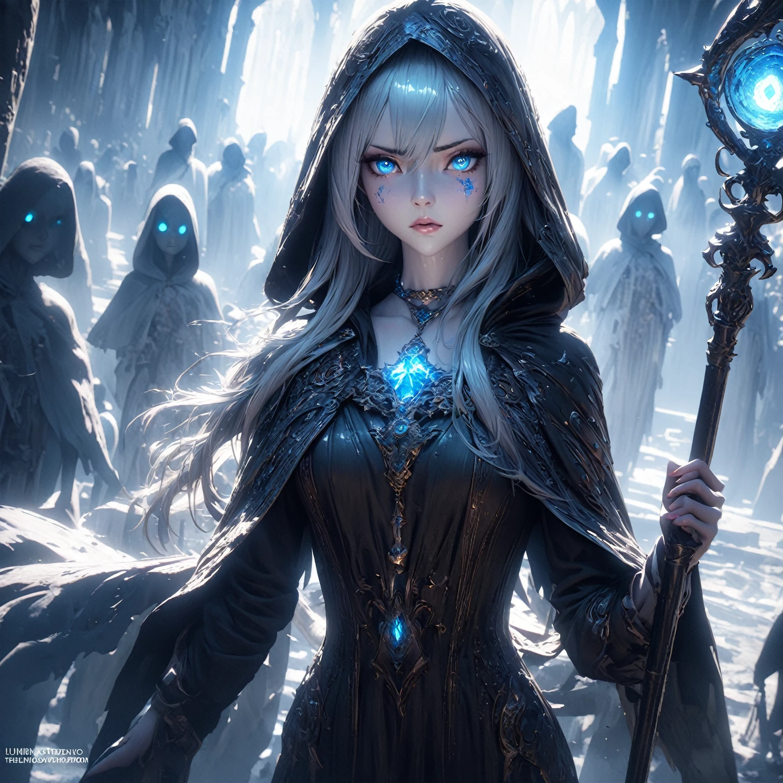 A girl with pale skin, long silver hair, icy blue eyes, sharp nose, thin lips, slender body, dressed in a flowing dark cloak, with a silver amulet around her neck, holding a staff with a glowing crystal, standing in a misty graveyard, surrounded by ghostly figures, with an ethereal glow around her, her eyes glowing softly, a determined expression on her face, with faint blue light emitting from her hands, standing confidently, with a hint of sadness in her eyes, epic scene, trending on artstation, extreme details, cinematic, masterpiece, photography, stunning environment, shiny, smooth, surreal, divine, celestial, manga, anime, atmosphere, detailed, intricate, full of colour, cinematic lighting, hyperrealistic, focused, unreal engine 5, lumen reflections