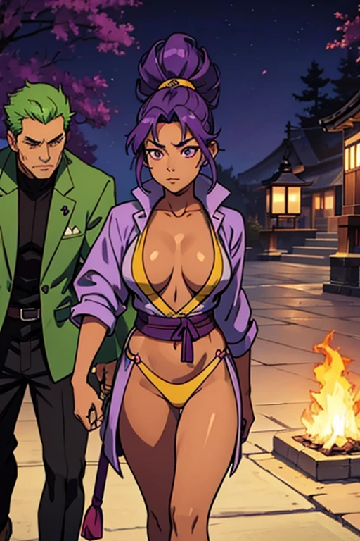 A tan-skinned samurai woman with purple hair Walking hand in hand with a green-haired necromancer man