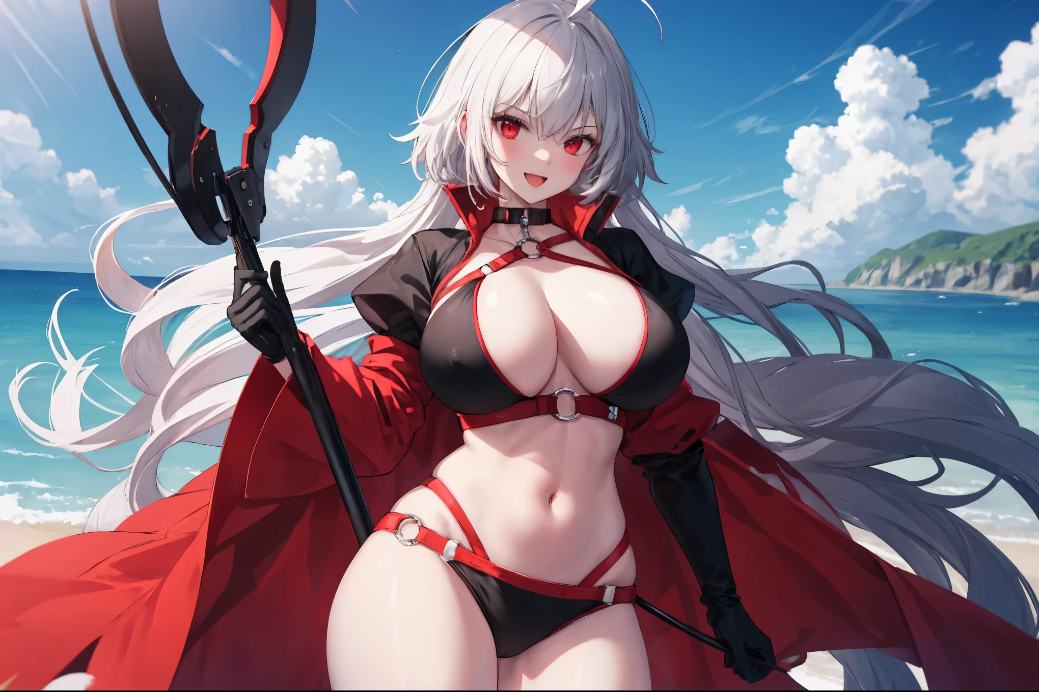 masterpiece, best quality, 1girl, , silver hair, ahoge, red eyes, shaggy_long_hair,, gigantic_breasts, , blue sky_beach_landscape,covered_groin,covered_nipples,solo,young_,,open_legs,,crotch_armor,cowboy_shot,crotch, asymmetrical legwear, long hair, bikini, black bikini, black gloves, gloves, long sleeves, navel, o-ring, o-ring bikini, o-ring bottom, o-ring top, puffy long sleeves, puffy sleeves, red legwear, single thighhigh, swimsuit, thigh strap, thighhighs, uneven legwear,smile,nihil,open_mouth,angry,glare