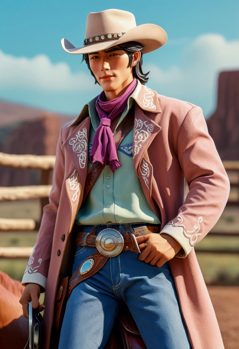 (Western Cowboy with hat), stands next to his horse, sunset sky background, popular comic, full body, award-winning, cinematic still, emotional, vignette, dynamic, vivid, (masterpiece, best quality, Professional, perfect composition, very aesthetic, absurdres, ultra-detailed, intricate details:1.3)