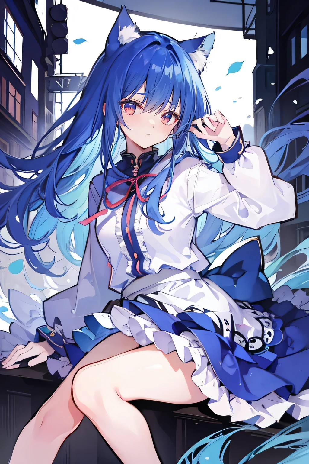 (masterpiece:1.2),Super detailed,lifelike,Expressive eyes,fair skin,perfect face shape,1 girl,
Japanese comics,Gorgeous blue hair,flowing blue hair,flowing clothes,Cat ears,Petals fall,beautiful lola,Baby Angel,
Shaking head with one hand,Cross your legs,smile, wearing hoodie,snowing,City streets。