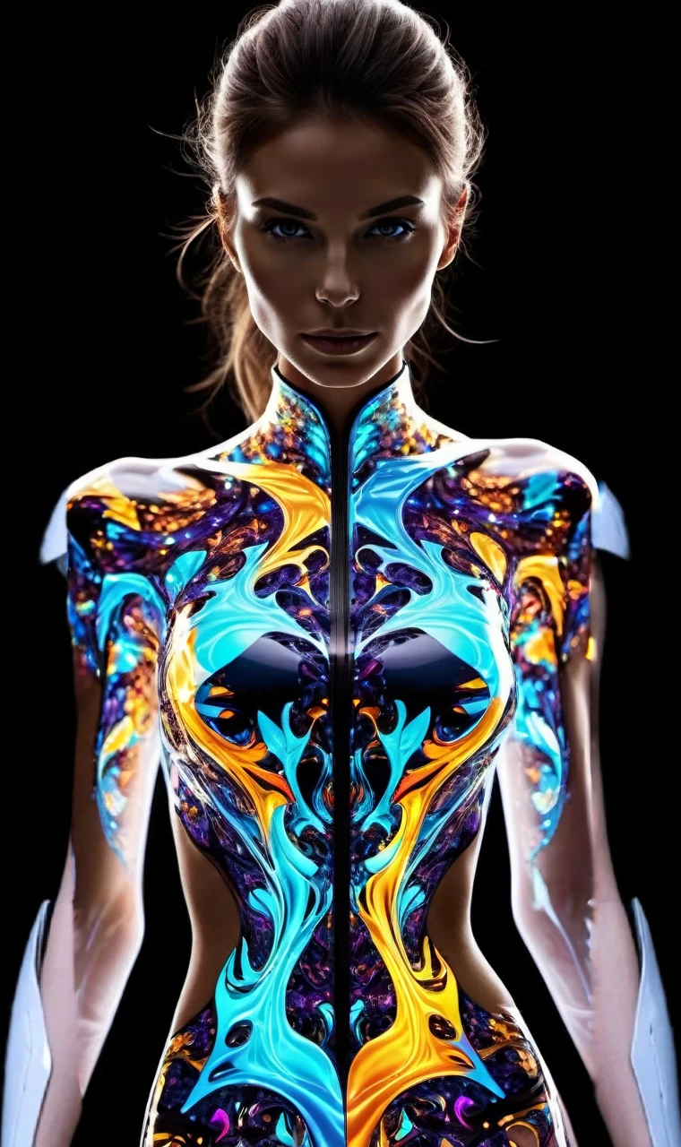 cinematic photo thin, fine fractal glossy vivid [explosion of colors] colored ink sketch shiny contours outlines of a perfect physique female silhouette 
 . 35mm photograph, film, bokeh, professional, 4k, highly detailed