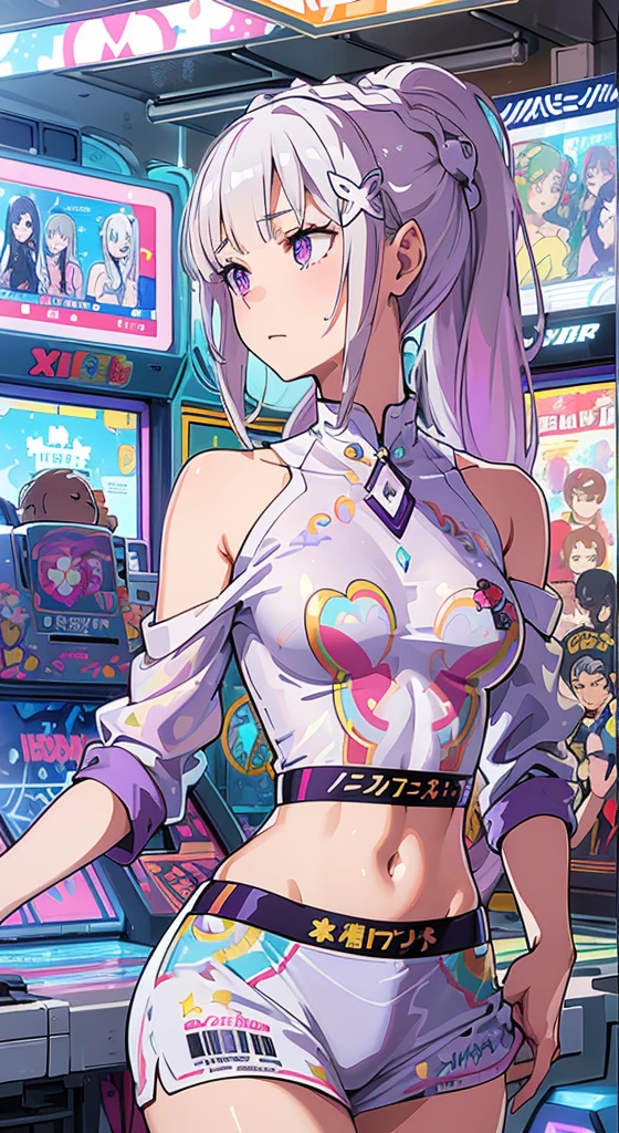 ((Masterpiece)), best quality, absurderes, ultra detailed, holographic, cowboy shot, golden ratio, super cute girl, mature girl, super beautiful asian girl with very beautiful violet glowing eyes, Emilia re:zero, purple eyes, Emilia, crown braid, x hair ornament, flower hair ornament, white hair, very long hair, medium breasts, high ponytail,  nice and sexy body, slim body, perfect body, wearing super tight anime printed mini boxers, an anime printed super tight off shoulder long sleeve crop top, buautiful hair ornament,  super aesthetic transparent jacket, playing in an arcade machine