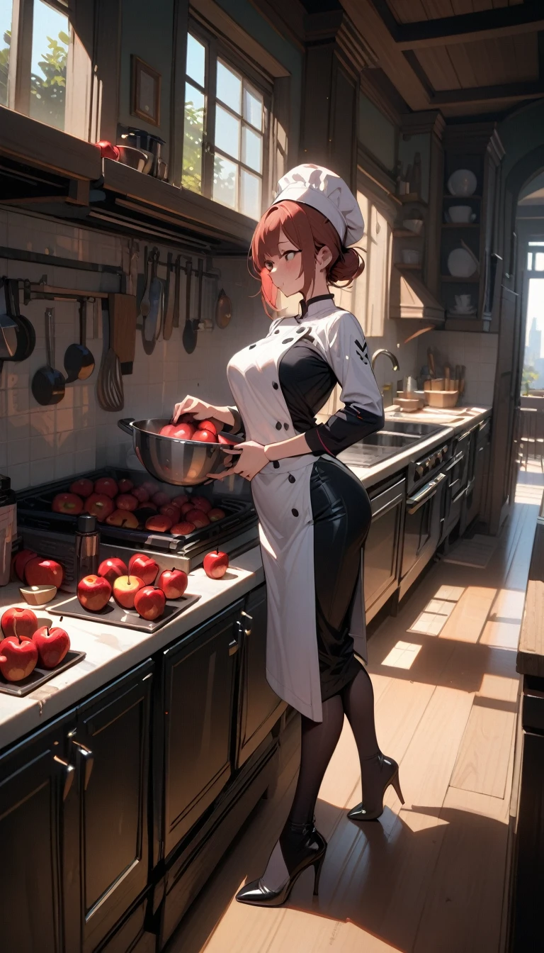 ((best quality)) , ((masterpiece)) , (detailed),1 female,((Giant pudding)),((kitchen)),Female chef,High heel,((whole body))