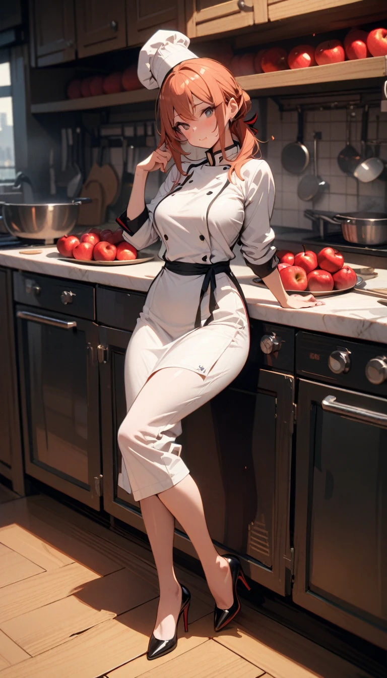 ((best quality)) , ((masterpiece)) , (detailed),1 female,A kitchen full of apples,Female chef,High heel,((whole body))