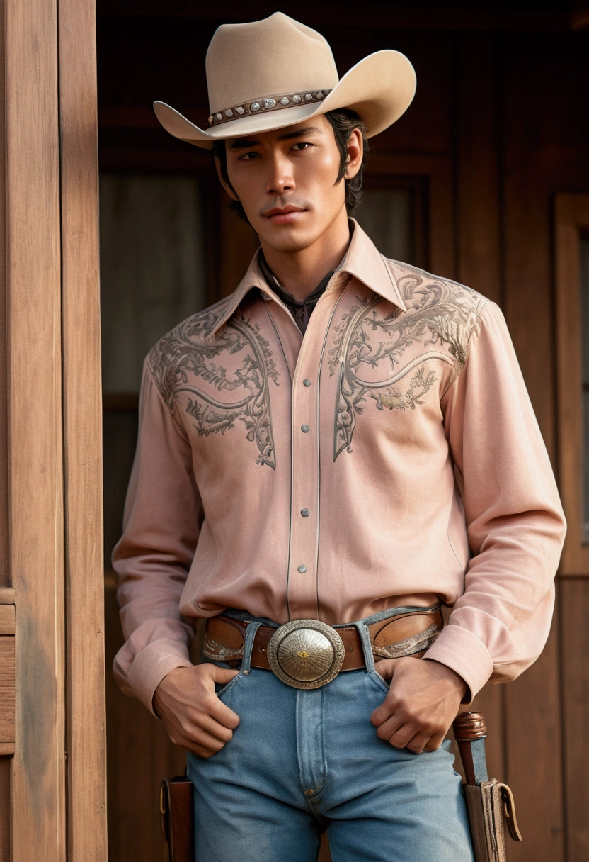 (Western Cowboy with hat), stands next to his horse, sunset sky background, popular comic, full body, award-winning, cinematic still, emotional, vignette, dynamic, vivid, (masterpiece, best quality, Professional, perfect composition, very aesthetic, absurdres, ultra-detailed, intricate details:1.3)