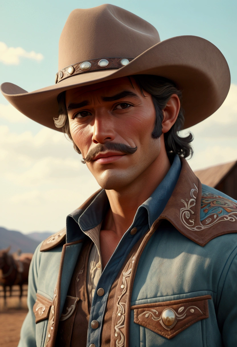 (Western Cowboy with hat), stands next to his horse, sunset sky background, popular comic, full body, award-winning, cinematic still, emotional, vignette, dynamic, vivid, (masterpiece, best quality, Professional, perfect composition, very aesthetic, absurdres, ultra-detailed, intricate details:1.3)