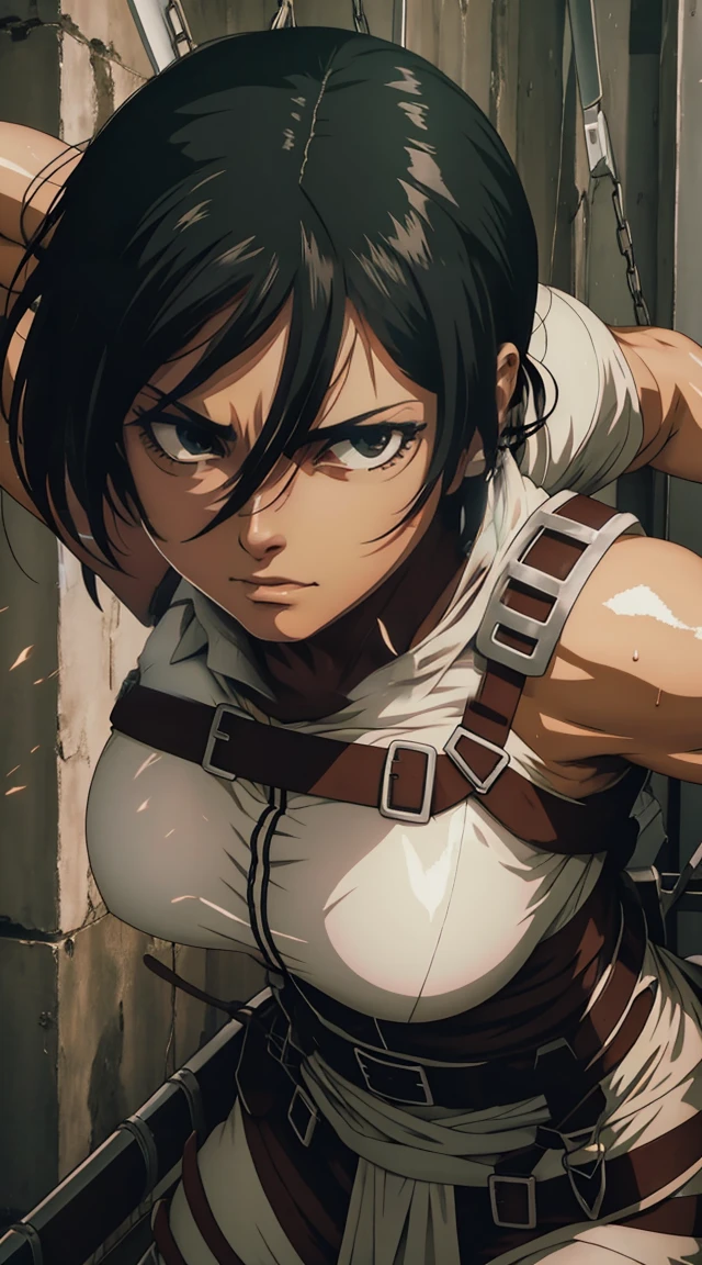 Mikasa Ackerman, the fierce and sultry warrior, stands tall, her naked body glistening with sweat. Her blade, held aloft in her powerful grip, reflects the light, as does the heat of her desire. Her fierce gaze, a mixture of lust and determination, speaks of the carnal battle about to ensue, and her aroused, dripping bichano, beckons for the thrust of her enemy's weapon.