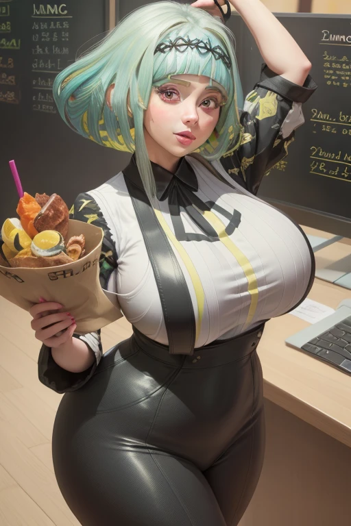 (best quality), big head, face happiness, (ringo with huge breasts:1.2) in a casual outfit at work office, upper body, (slim thick)(curvy:0.8)(voluptuous:0.8), 180cm tall