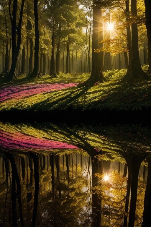 ((best quality)), ((masterpiece)), (detailed), a not very dense forest, (((Psychedelic and Surreal Effects))), fire and smoke, intensity of light, sunlight passing through the leaves and branches, visualize some children playing hide and seek,