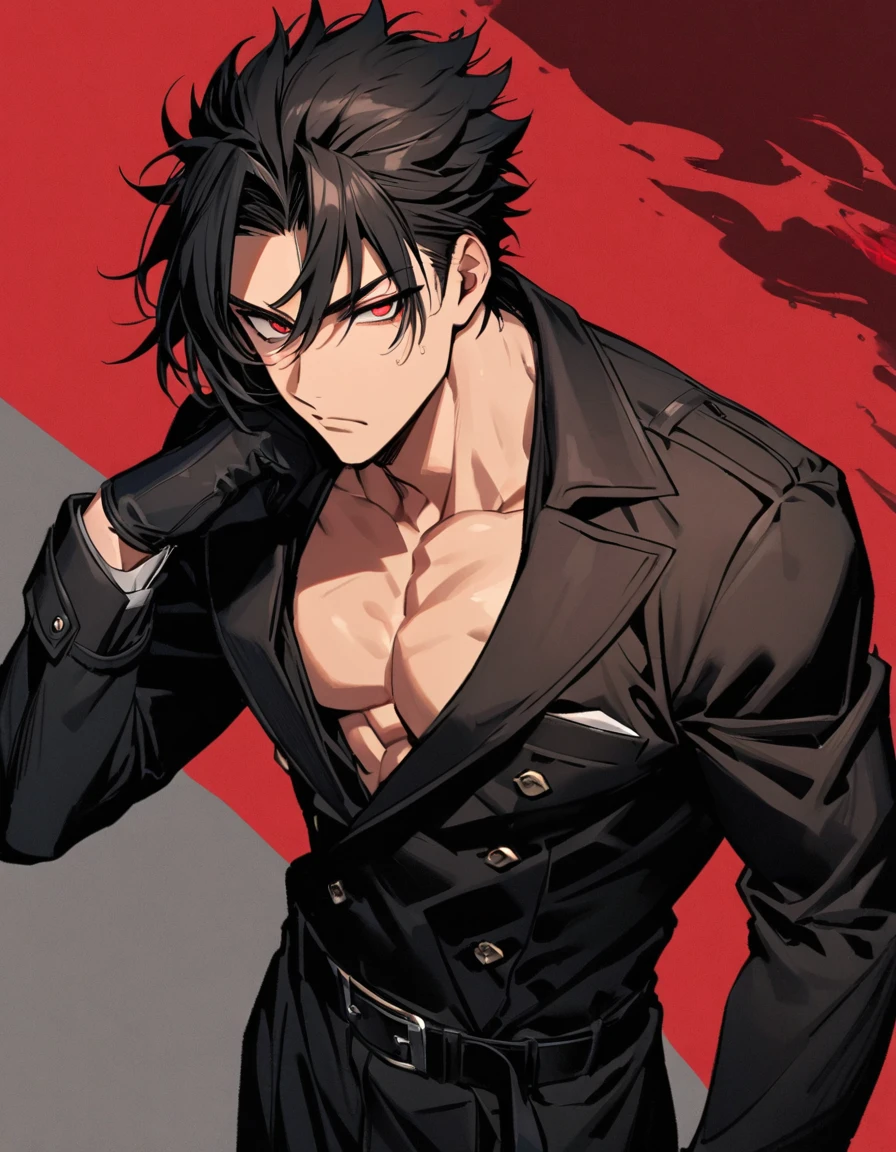 naughty man, age 25, Eyes red, skin fair, scars, shorth hair, dark blue overcoat, black backpack, anime styling