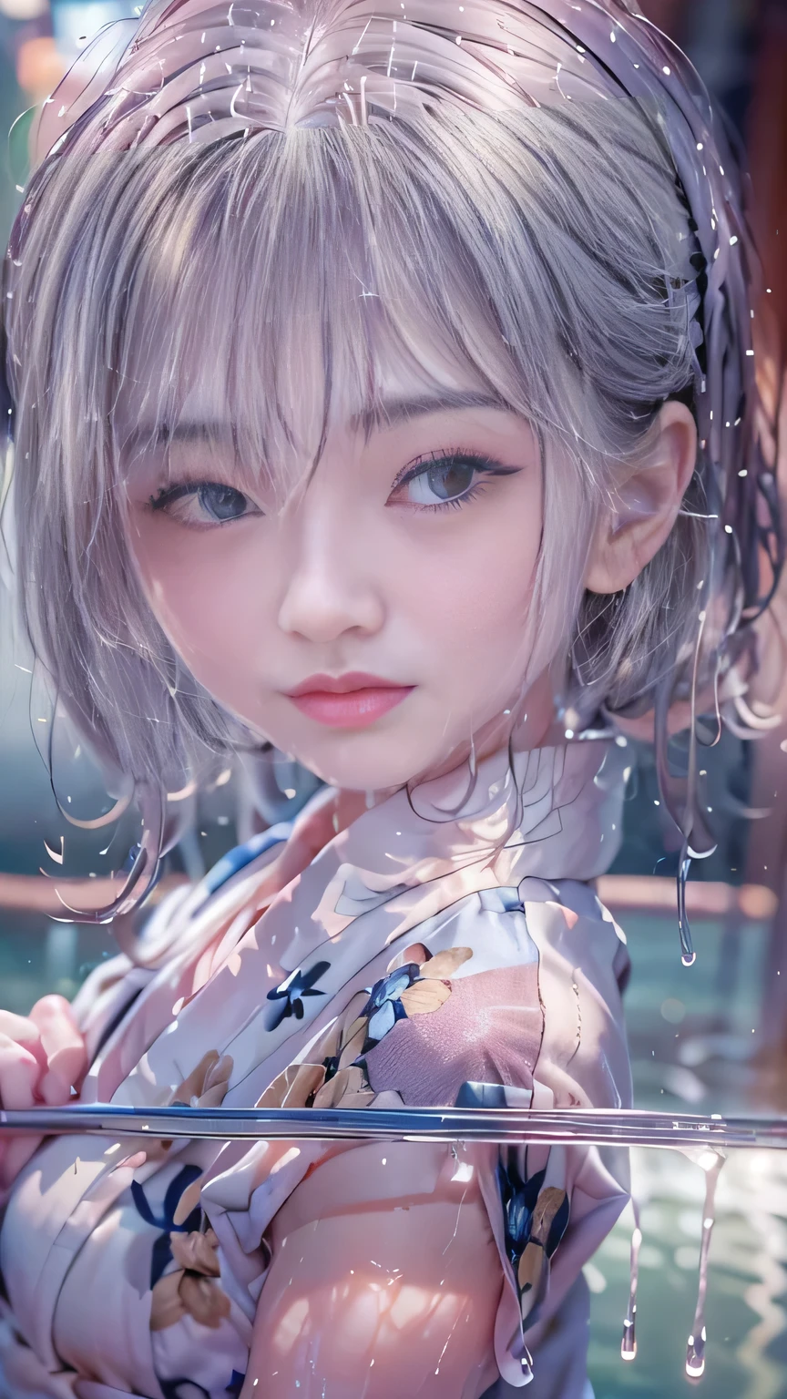 (RAW shooting:1.5, Photorealistic, 8k, Highest quality, masterpiece, Ultra-high resolution), ((Summer Night Rain)), Perfect dynamic composition:1.2, (Shrine at night in a modern city, Expressions of sadness:0.9, Tears flow:0.9, Crying with a broken heart:0.9), Highly detailed skin and facial textures:1.2, Slim office lady wet with rain:1.3, Cowboy Shot, Fair skin:1.2, Sexy beauty:1.1, Perfect Style:1.2, beautifully、aesthetic:1.1, Very beautiful face:1.2, Water droplets on the skin, (Rain dripping down on my body:1.2, Wet body:1.2, Wet Hair:1.3), (Professional kimono dressing:1.1, With a wet bouquet in hand:1.2, The correct way to wear a wet silver yukata:1.35), (Mid-chest, Bra is sheer, Chest gap), (Big eyes that exude beautiful eroticism:0.8, Adult charm:0.8, Fascinating:0.8), necklace, Earrings, bracelet,A fragile girl,,Small breasts:1.5,Cool color makeup,Wet Hair,