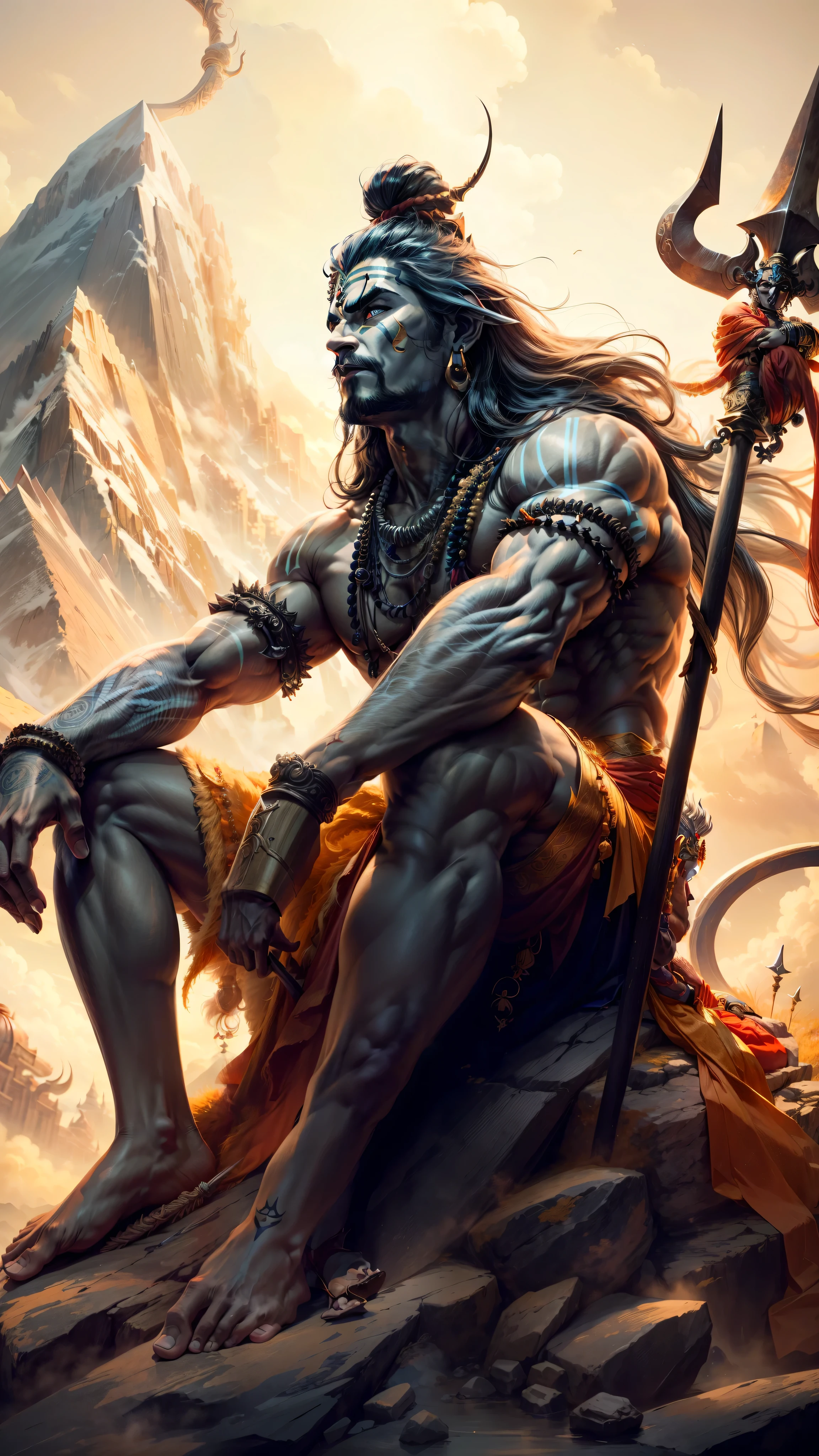 a man sitting on a rock with a spear, god shiva the destroyer, lord shiva, shiva, indian god, hindu godbody, hindu god, amazing wallpaper, hindu gods, hd wallpaper, inspired by Kailash Chandra Meher, hinduism, narasimha, by Daryush Shokof, attractive male deity, hanuman!! head building
