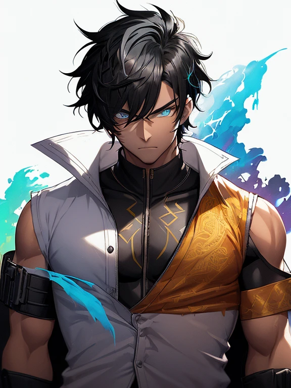 OPEN SHIRT, Cyberpunk male, fantasy world, dark background, clean design, epic instagram, artstation, colorful paint splatter, silhouette, hyper detailed intricate details, unreal engine, fantasy, intricate details, splash screen, complementary colors, Fantasy concept art, 8k resolution, deviantart masterpiece, oil painting, heavy strokes, paint dripping, (isolated on white background: 1.3), rainbow skin, (((handsome young man))), ((teenage:1.5) ), (young aesthetic great anatomy), ((135 kgs)), (bulge pectorals), (bulge shoulders), (glowing blue eyes), ((light eyes)), ((((short jet black hair: 1.1))), ((black clothes)), (prince\\(indifferent expression\\), (((Wears a open sleeveless shirt showing off his very muscular chest))), ((Open clothes)) (muscular pecs) (muscular abs) (chest) --v 6