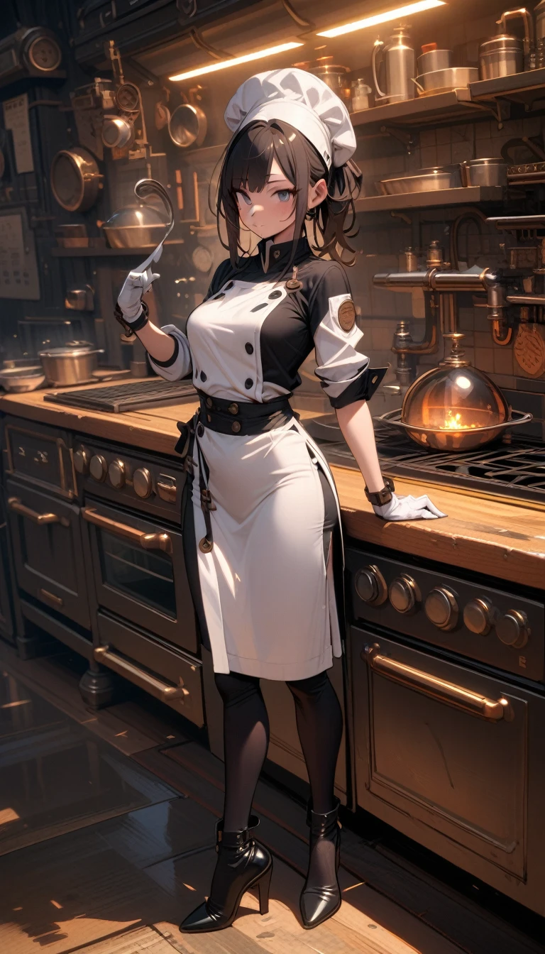 ((best quality)) , ((masterpiece)) , (detailed),1 female,Steampunk kitchen,Female chef,High heel,((whole body))