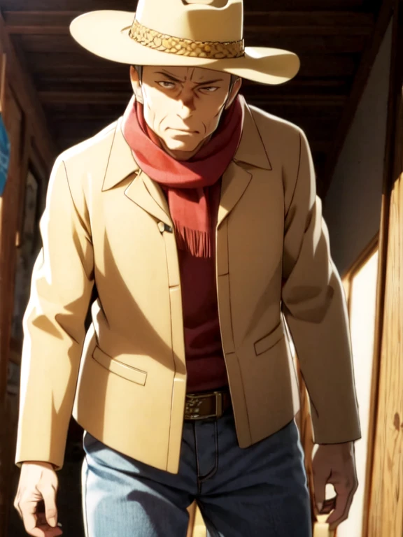 (Ultra-high resolution), (masterpiece), (Attention to detail), (high quality), (最high quality), One Man, (Cowboy Shot), Teppei Hojo, Middle-aged men, elder, Blonde, (Iris), Chin, Gold Necklace, Western Cowboy, (Cowboy hat), leather jacket, scarf, Denim pants, boots, belt, holster, revolver, Showdown scene in the wilderness, Cowboy standing in the dust, The moment he was about to pull out his gun, Dust in the wind