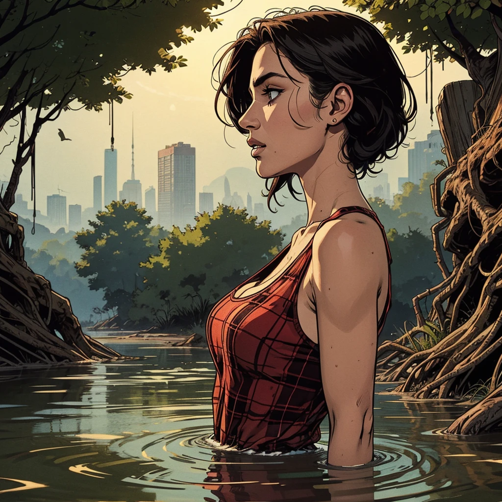 masterpiece, movie-poster, feminine facial features, flannel shirt, drowned in quicksand, wearing tanktop, orgasm, deprived, from side view
