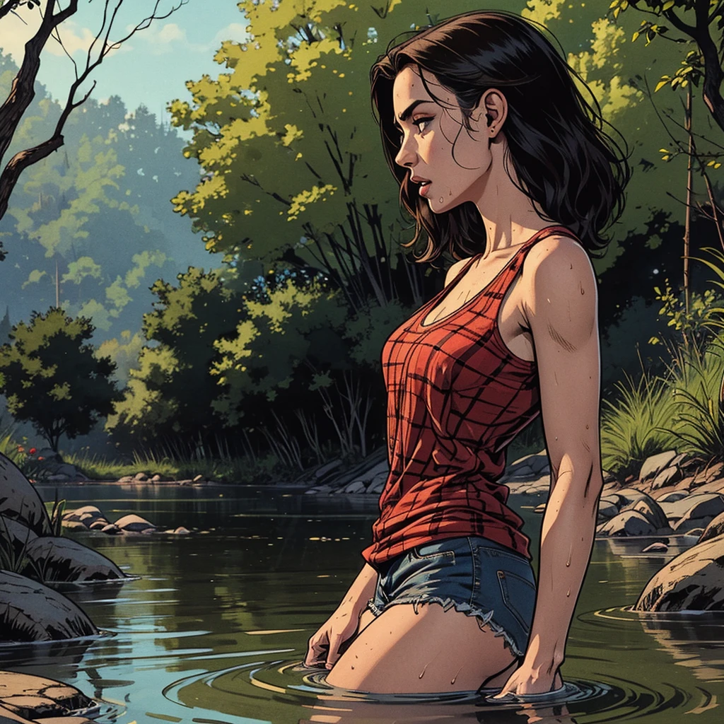 Horny girl, dirty and muddy, wearing black lingerie, drowning in mud, bog, grass, trees, muck, orgasm, looking up, eyes closed, mouth open, from side view, stormy weather
