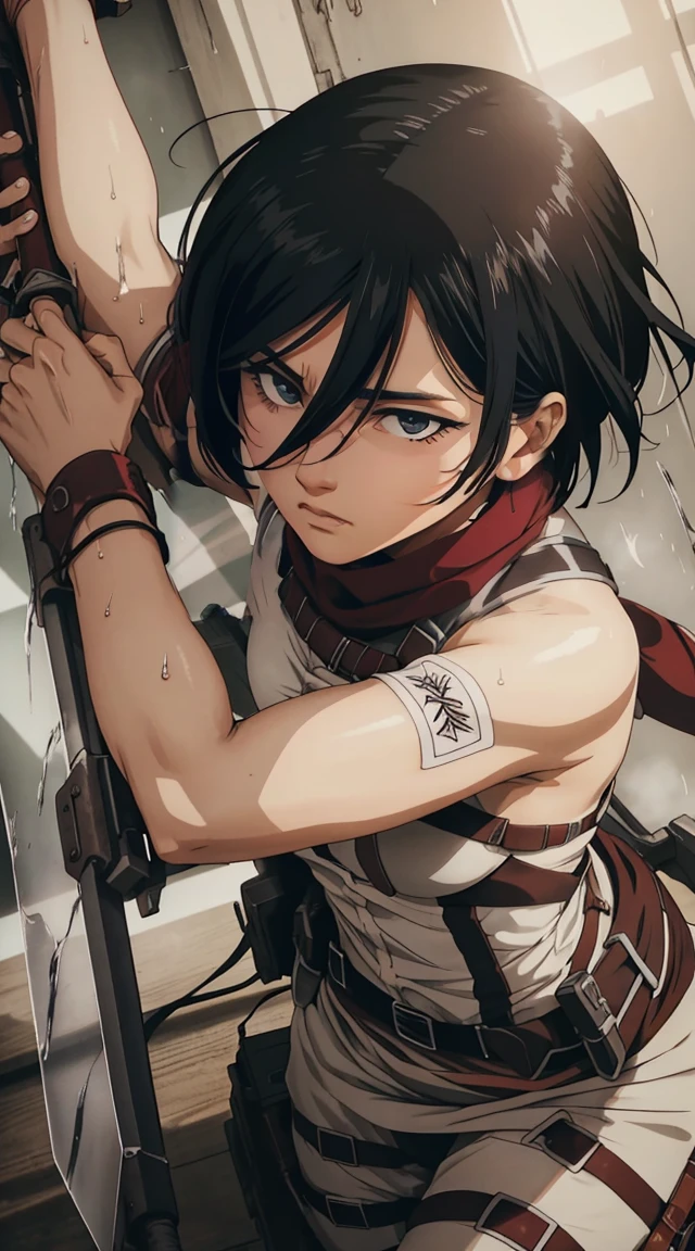 Mikasa Ackerman, the fierce and sultry warrior, stands tall, her naked body glistening with sweat. Her blade, held aloft in her powerful grip, reflects the light, as does the heat of her desire. Her fierce gaze, a mixture of lust and determination, speaks of the carnal battle about to ensue, and her aroused, dripping bichano, beckons for the thrust of her enemy's weapon.