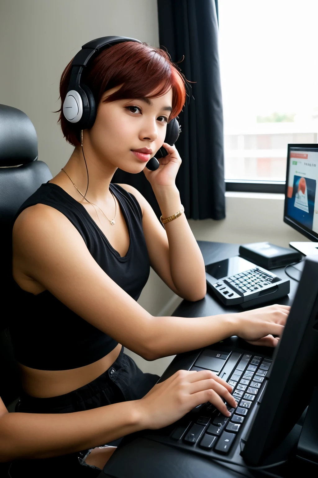 A girl with red and short hair and dark skin, He has a ring piercing on the left side of his nose.. He is playing a computer game, wearing black clothes and an overhead headset. . anime girl