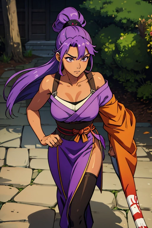 A tan-skinned samurai woman with purple hair Walking hand in hand with a green-haired necromancer man