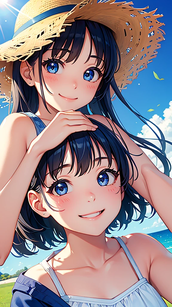 12 years old、beautiful girl、Smile、face closeup、Blue sky and sun