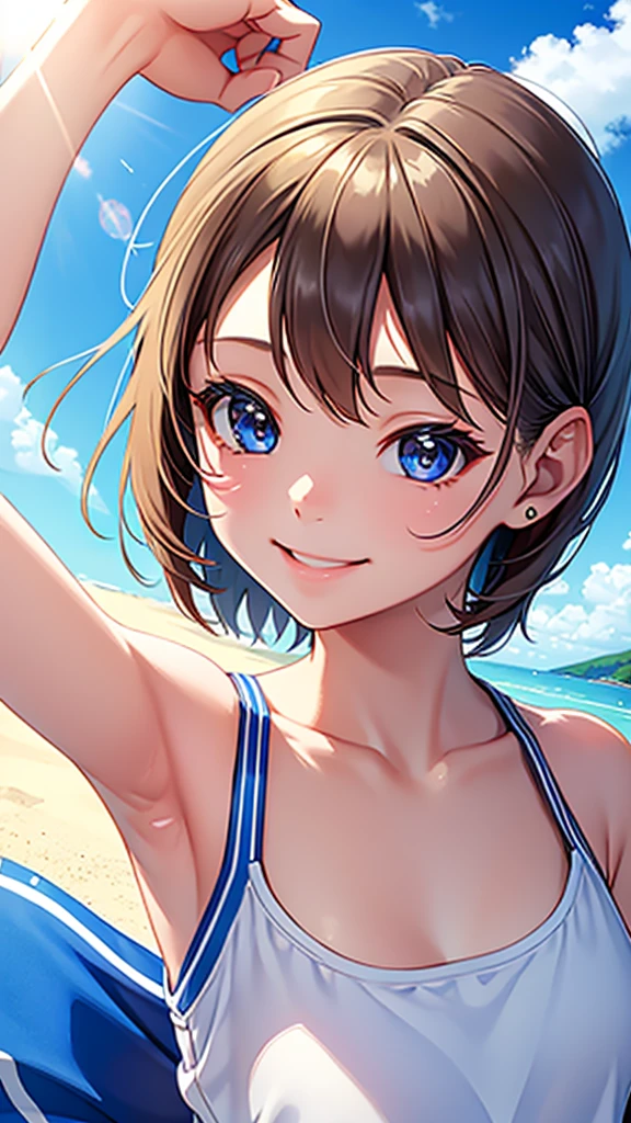 12 years old、beautiful girl、Smile、face closeup、Blue sky and sun