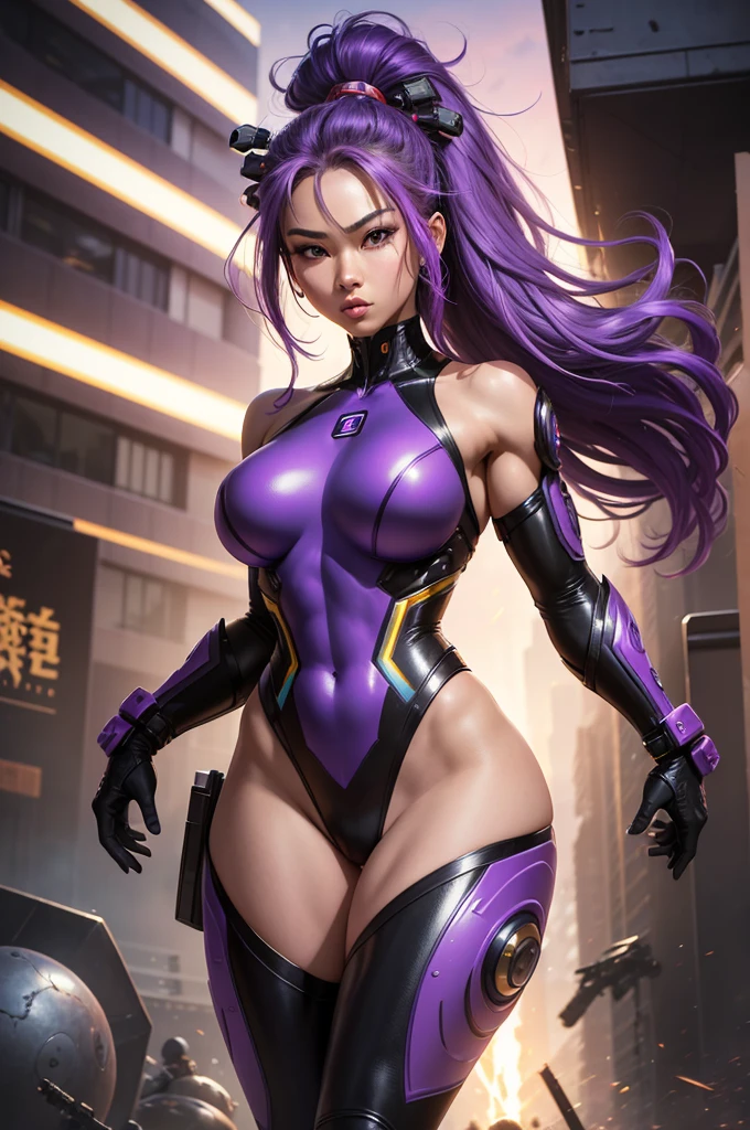 A beautiful, exuberant and very young cybernetic android warrior with black African and oriental Japanese and Chinese features, mixed with the clone of the Greek warrior goddess Athena, with super mega giant breasts, purple eyes, transformed into a super sensual and extremely muscular astronaut, fitness, fit bodybuilder and weightlifter, wearing very short, super radical punk style hair that is purple and very straight in locks, wearing sexy cyberpunk battle outfits, running and fighting a large alien army on a mysterious planet with an exploding city in the background