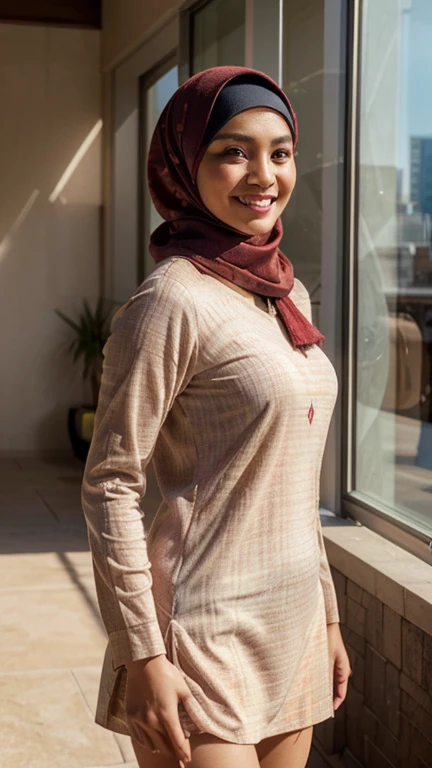 A beautiful Malay girl in hijab, most beautiful, wearing long sleeve colourful baju kebaya, standing tall in elegant pose, wide open smile with teeth visible, modern city scape scenery, (best quality,4k,8k,highres,masterpiece:1.2),ultra-detailed,(realistic,photorealistic,photo-realistic:1.37),detailed eyes and face,beautiful detailed lips,long eyelashes,natural lighting,warm color tones,soft focus