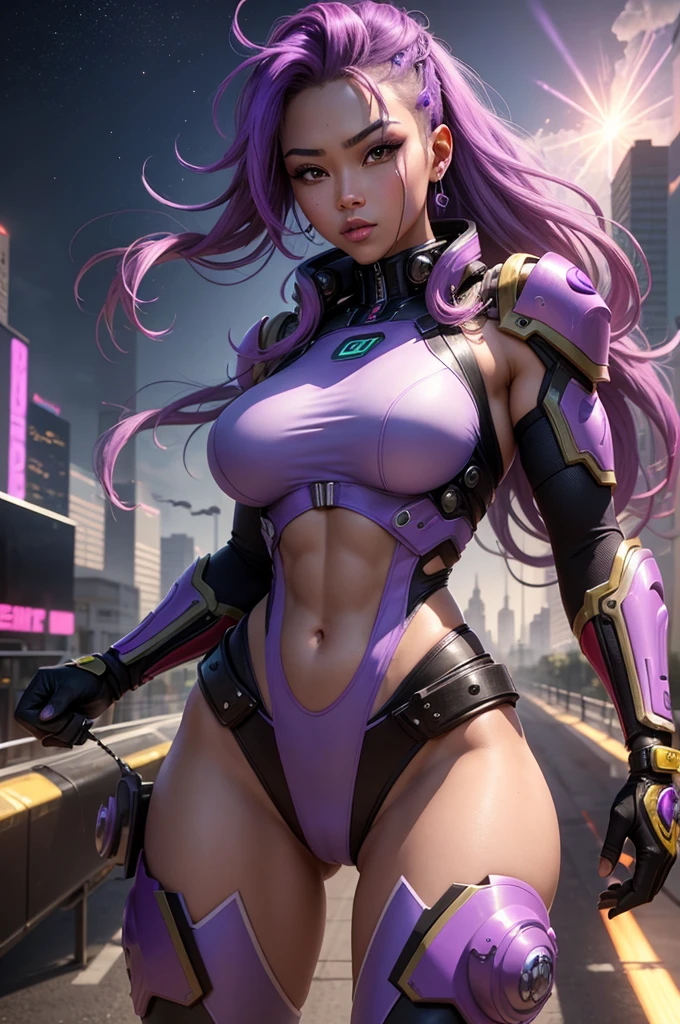 A beautiful, exuberant and very young cybernetic android warrior with black African and oriental Japanese and Chinese features, mixed with the clone of the Greek warrior goddess Athena, with super mega giant breasts, purple eyes, transformed into a super sensual and extremely muscular astronaut, fitness, fit bodybuilder and weightlifter, wearing very short, super radical punk style hair that is purple and very straight in locks, wearing sexy cyberpunk battle outfits, running and fighting a large alien army on a mysterious planet with an exploding city in the background