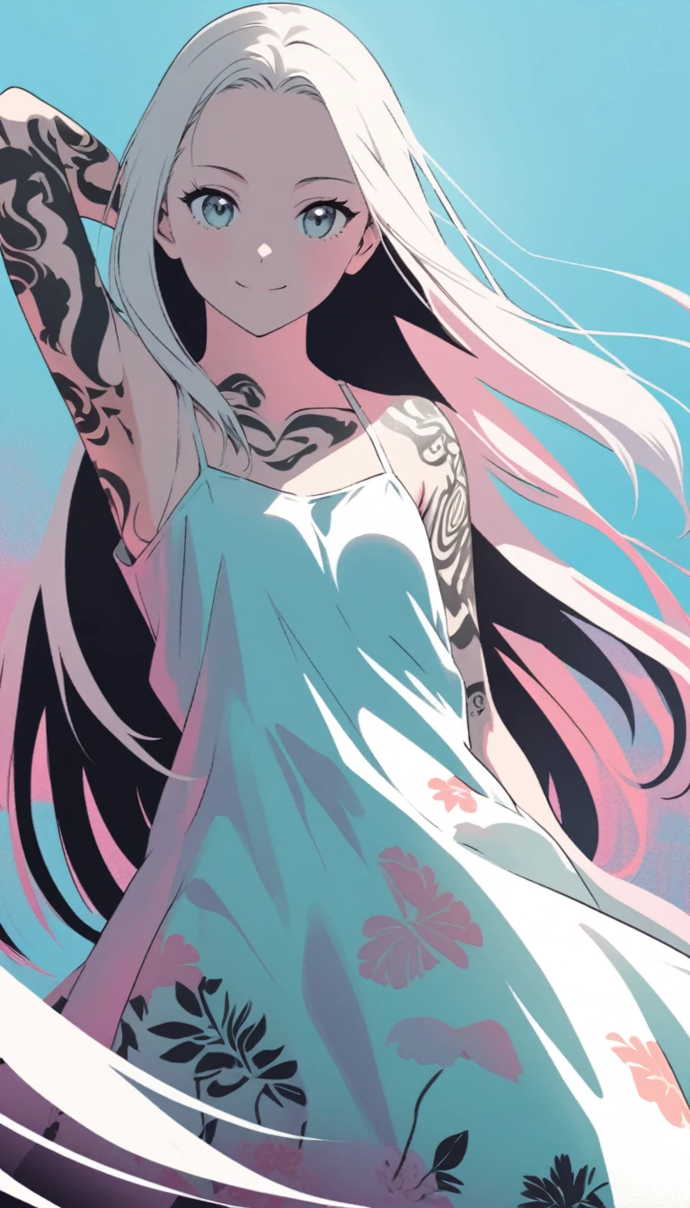 2.5D, delicate and dynamic, neat and pretty young lady, straight hair, forehead, make-up, smile, loose summer dress, arms are covered in tattoos, manga-style images, shading, contrast magic, pale colors effects
