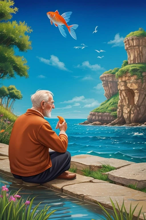 Make us an illustration for a fairy tale, about an old man talking to a goldfish by the sea.