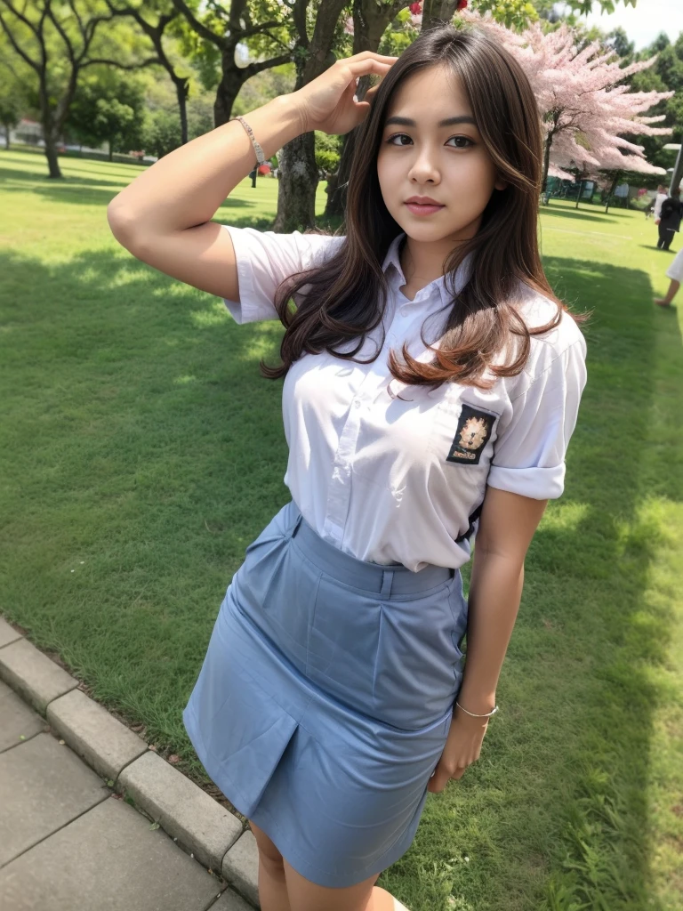 1girl, solo, (Indonesian_high_school_uniform), (ultra wide angle shot: 1.4), beautiful scenery, detailed face, beautiful eyes, thick breasts, beautiful long hair, slim body, smooth realistic skin, tight short sleeve white shirt, grey-blue tight miniskirt, looking at the audience, low angle shot,(8k, RAW photo, best quality, masterpiece: 1.2), (realistic, realistic: 1.37), ultra-high resolution, super detailed, Cherry blossoms falling in the background,In front of a pedestrian crossing,A girl standing upright with her legs shoulder-width apart, Beautiful face in every detail, ideal skin, gentle expression, Front view, angle from below, realistic, cute, Crouch deep in the city, whole body, collared shirt,put the backpack aside
